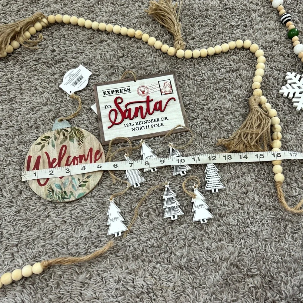 Christmas Decor Bundle Wood Bead Garlands Santa Sign Welcome‎ Ornament 10pc Set